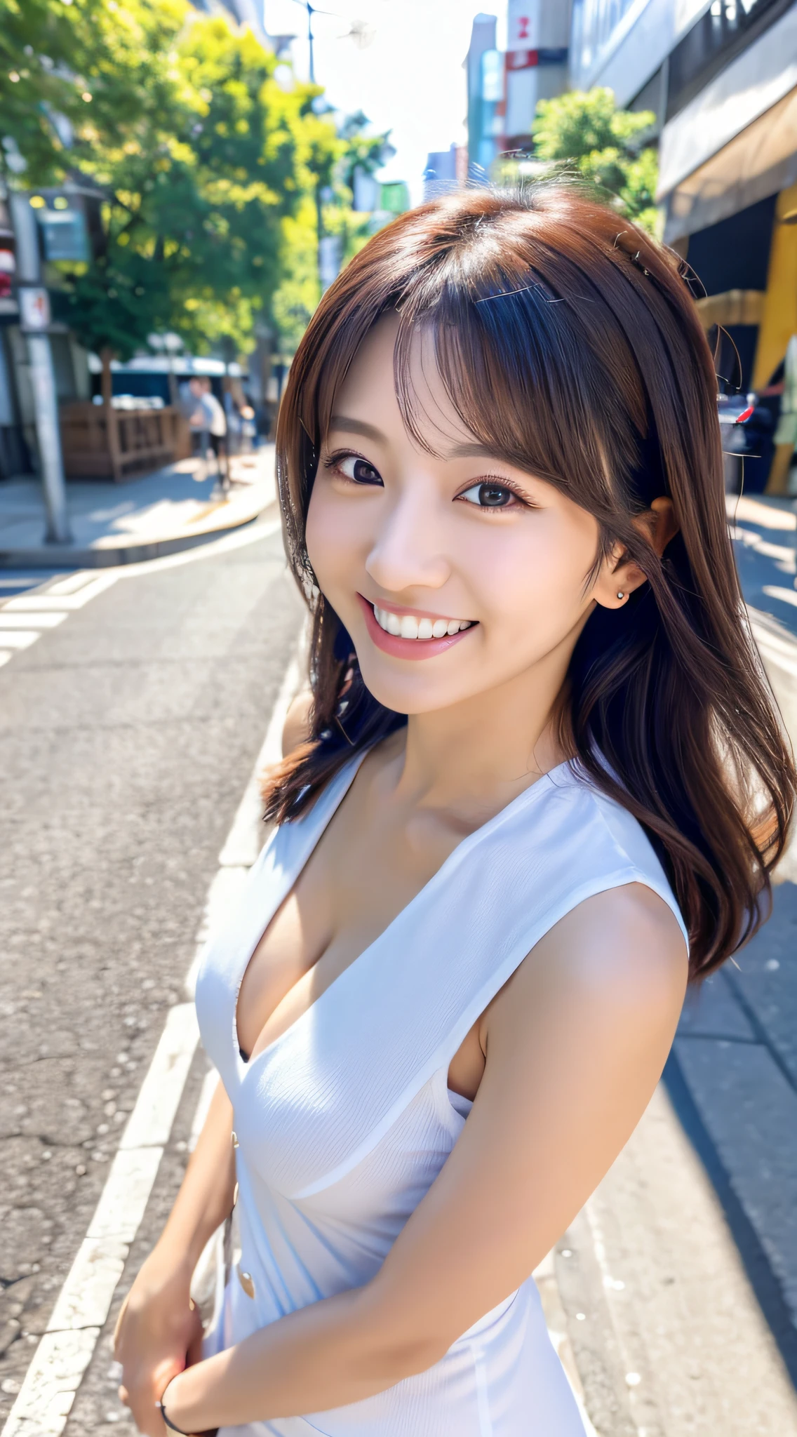Highest resolution, 4K, Masterpiece: 1.3), A Japanese milf, 1 girl, Sexy: 1.1, fine eyes, Slender figure, Realistic teeth, double eyelids, smile, full body, best quality, detailed, beauty, city street