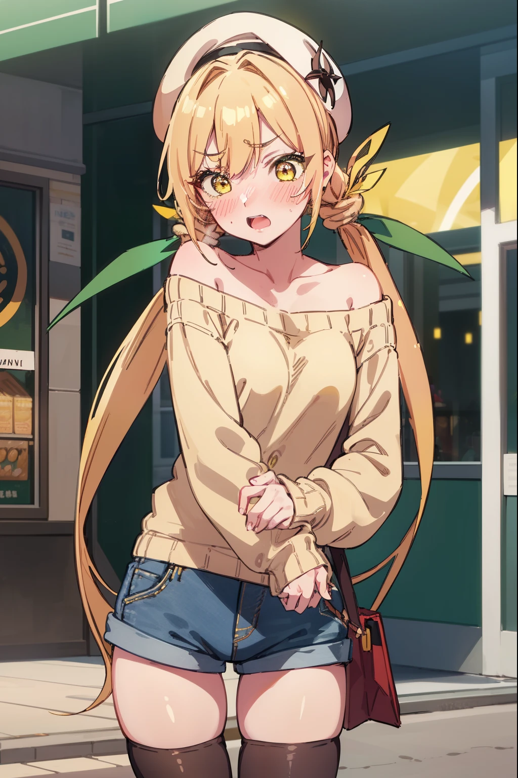 karaneinda, karane inda, blonde hair, (yellow eyes:1.5), hair ribbon, twintails, low twintails, long hair, (green ribbon:1.2), open mouth, embarrassed, (((blushing))), ((Sweater)), off shoulder, mall, shopping, beret, purse, ((denim shorts)), ((tights)), small boobs, embarassed, blushing, looking at viewer, (cowboy shot:1.5), (masterpiece:1.2), best quality, high resolution, unity 8k wallpaper, (illustration:0.8), (beautiful detailed eyes:1.6), extremely detailed face, perfect lighting, extremely detailed CG, (perfect hands, perfect anatomy)