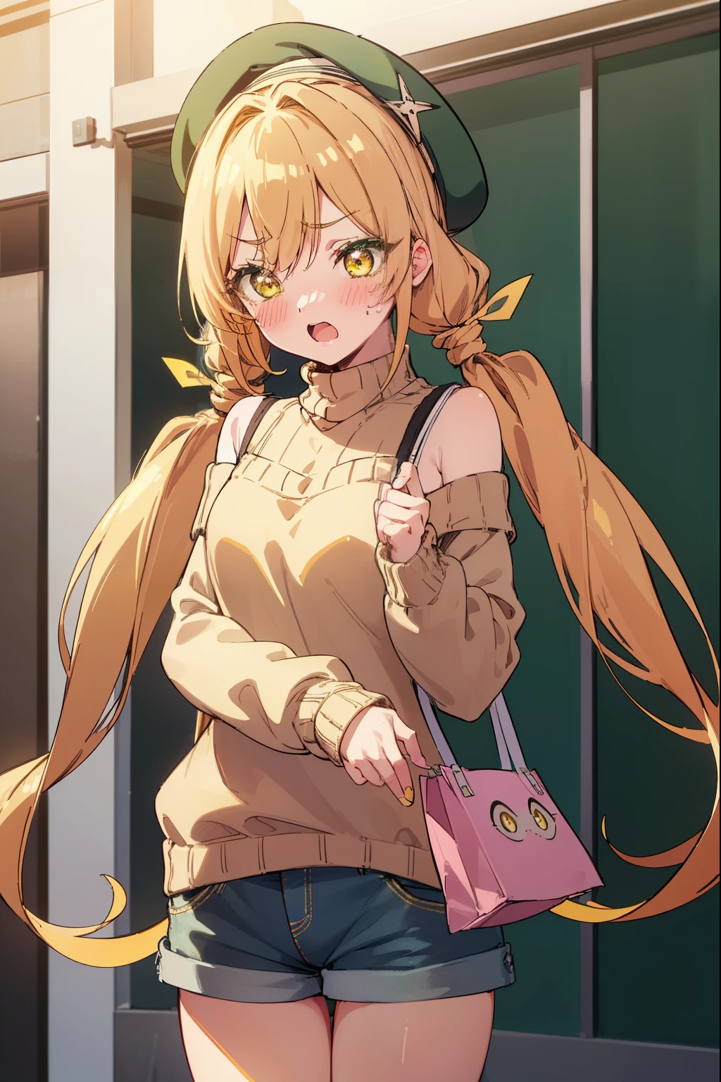 karaneinda, karane inda, blonde hair, (yellow eyes:1.5), hair ribbon, twintails, low twintails, long hair, (green ribbon:1.2), open mouth, embarrassed, (((blushing))), ((Sweater)), off shoulder, mall, shopping, beret, purse, ((denim shorts)), ((tights)), small boobs, embarassed, blushing, looking at viewer, (cowboy shot:1.5), (masterpiece:1.2), best quality, high resolution, unity 8k wallpaper, (illustration:0.8), (beautiful detailed eyes:1.6), extremely detailed face, perfect lighting, extremely detailed CG, (perfect hands, perfect anatomy)