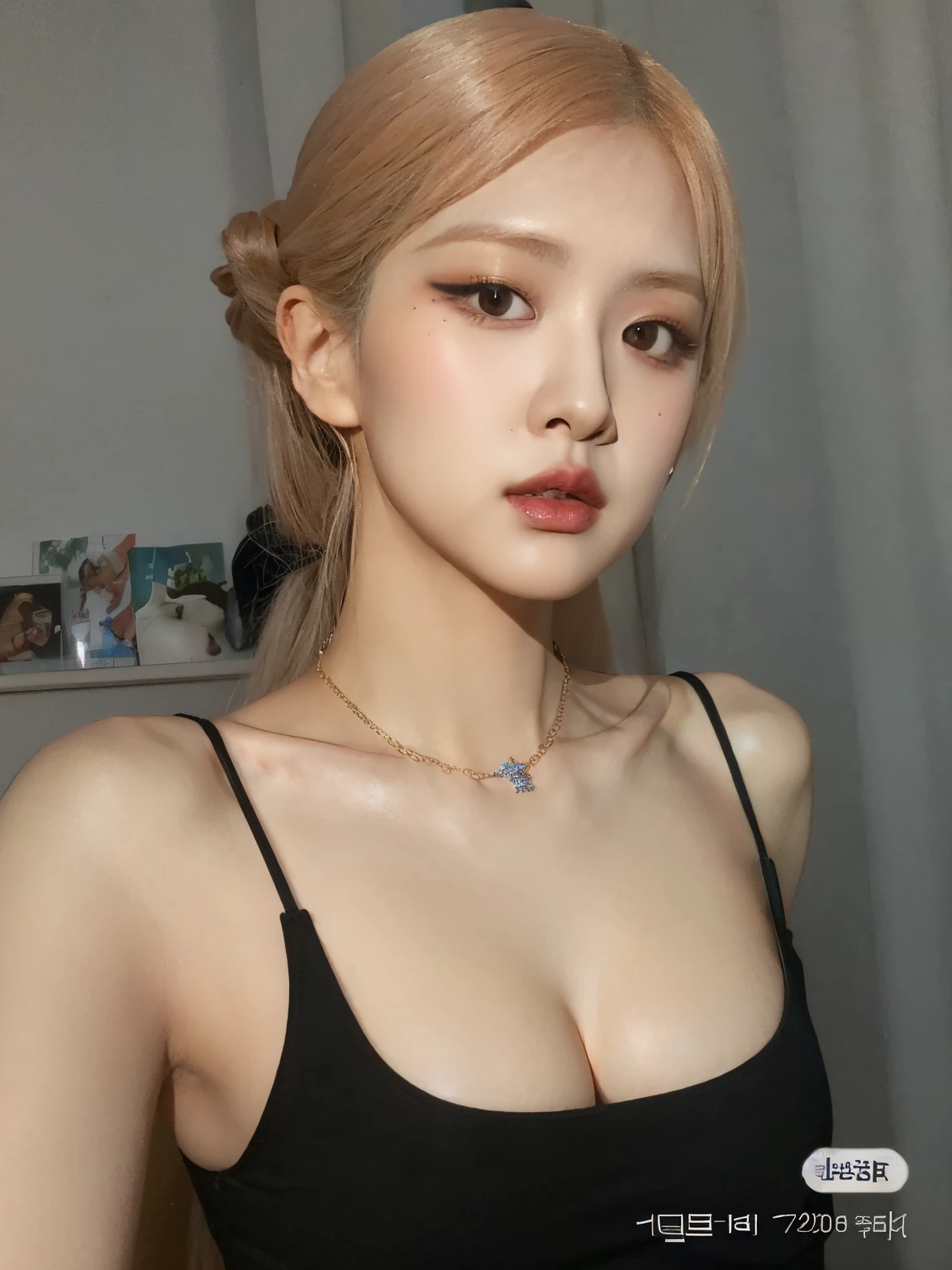 a close up of a woman with a black top and a necklace, sexy face with full makeup, beautiful south korean woman, popular korean makeup, gorgeous young korean woman, popular south korean makeup, korean girl, beautiful young korean woman, beautiful asian girl, sultry look, beautiful aesthetic face, korean woman, asian features, xision wu, an asian woman