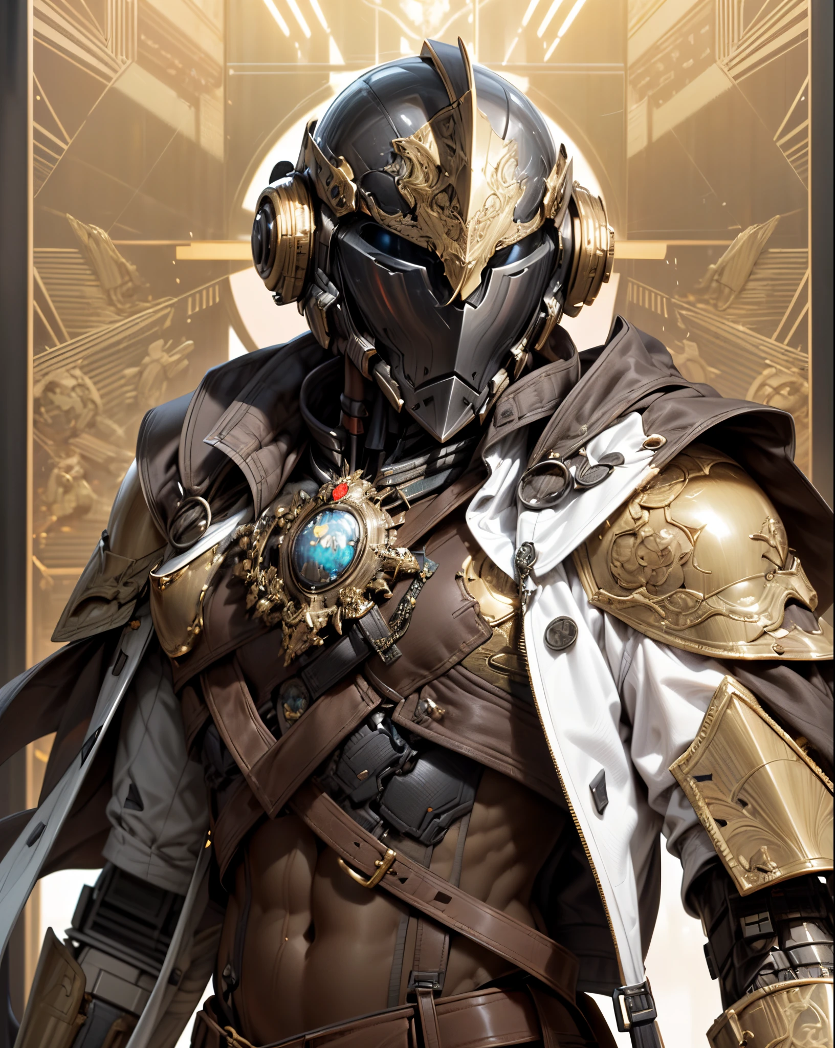 (((An epic and visually stunning digital anime masterpiece featuring a sylphlike masculine ((male:1.5)) decorated military soldier soldier clad in a sleek yet tactical armored yet decorated leather military trench coat:1.2))), (((flat masculine male chest:1.5, mechanical mecha knight head with a narrow visor:1.5))), (((the character is adorned in a (scifi tactical armored open front trench coat with a built in exoskeleton, hood pulled up) (over a form fitted armor plated yet super sleek and revealing under suit with waist cut outs), the armor plating on the upper arms and shoulders beautifully engraved))):1.4. The image showcases the intricacies of the character’s armor and clothing:1.5, ((capturing their flamboyant essence and heavy mecha aesthetic:1.2)). The character also possesses an androgynous charm, (((with slim yet heavily muscled physique:1.2, sylphlike with a sleek waist, toned yet beautifully sleek cybernetic arms:1.3, mechanical arms and legs:1.3, mecha muscles:1.3))), looking at viewer, (((brass metal armor and brown leather, dieselpunk:1.3)))