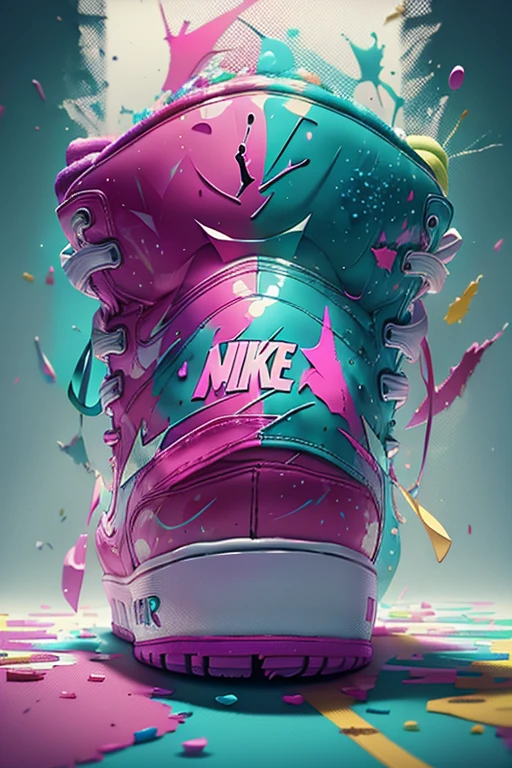 Nike, Air Jordan shoes, neon colors, bright colors, mostly pink and aqua colors, paint dripping off the shoes to the ground, paint splatter everywhere behind the shoe and on the shoe, uhd, 8k, high quality, painting style.