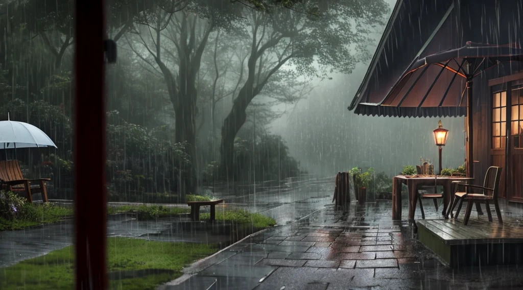 There was a log cabin with table and chairs in the rain,Outside on rainy days,Magical environment,Quiet and peaceful atmosphere,In a rainy environment,rainy outside,It rained in the afternoon,Inside on rainy days,rainy days,rainy scene,by Raymond Han,Rain atmosphere,Rainy environment,Rain mood,rainy evening,Atmospheric fantasy setting, lonely atmosphere, umbrella, loneliness, ultra high definition, ultra high resolution