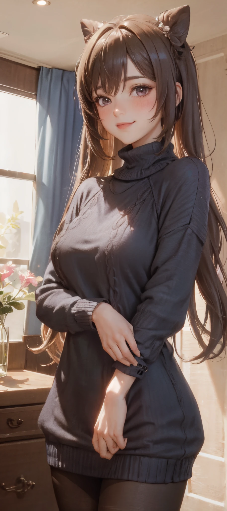 1lady standing, /(oversized sweater/) v-neck, mature female, /(brown hair/) bangs, blush kind smile, (masterpiece best quality:1.2) delicate illustration ultra-detailed, pantyhose BREAK /(modern house living room/) indoors