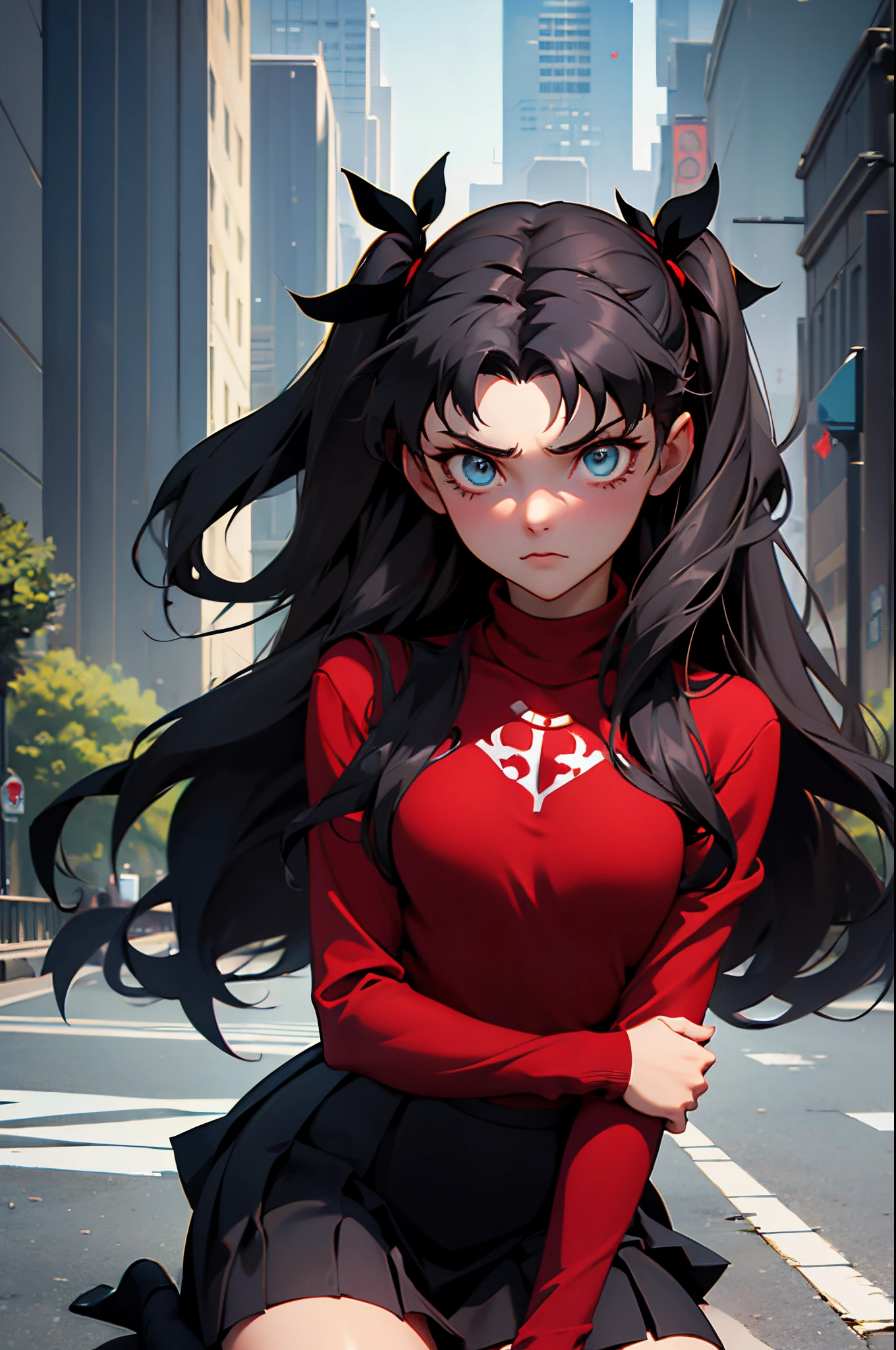 (masterpiece), best quality, expressive eyes, perfect face, 1girl, solo, rintohsaka, rin tohsaka, aqua eyes, black hair, hair ribbon, long hair, ribbon, sidelocks, two side up, black skirt, black thighhighs, long sleeves, miniskirt, pleated skirt, ((red sweater)), skirt, sweater, thighhighs, turtleneck, city background, sitting, character sheet, upper body, portrait, looking at viewer