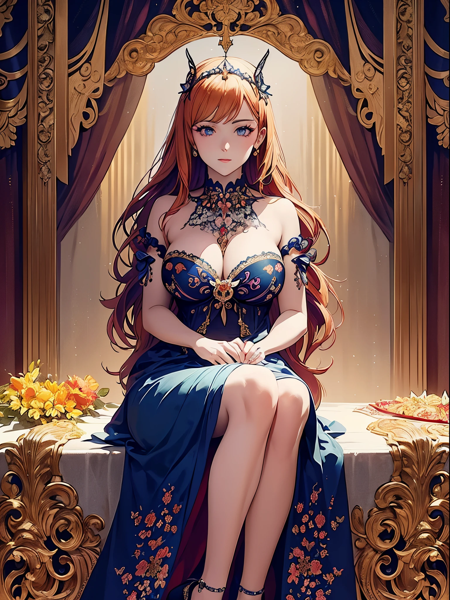 Butterfly motif、orange undertone、Vibrant colors、((masterpiece)))、(((top-quality)))、((ultra-detailliert))、(A hyper-realistic)、(highly detailed CGillustration)、Official art、Vienna at the beginning of the 20th century、Decadent、Madame Papillon、Cool Beauty、Masquerade、refinement、Elegance、Gorgeous、Colorful and detailed mask design、matchless beauty、Fans、gorgeous dress、jewely、Female Solo、Perfect Angle、perfect-composition、1920s theater poster