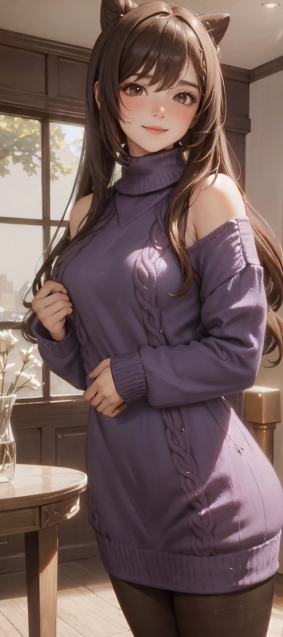 1lady standing, /(oversized sweater/) v-neck, mature female, /(brown hair/) bangs, blush kind smile, (masterpiece best quality:1.2) delicate illustration ultra-detailed, pantyhose BREAK /(modern house living room/) indoors