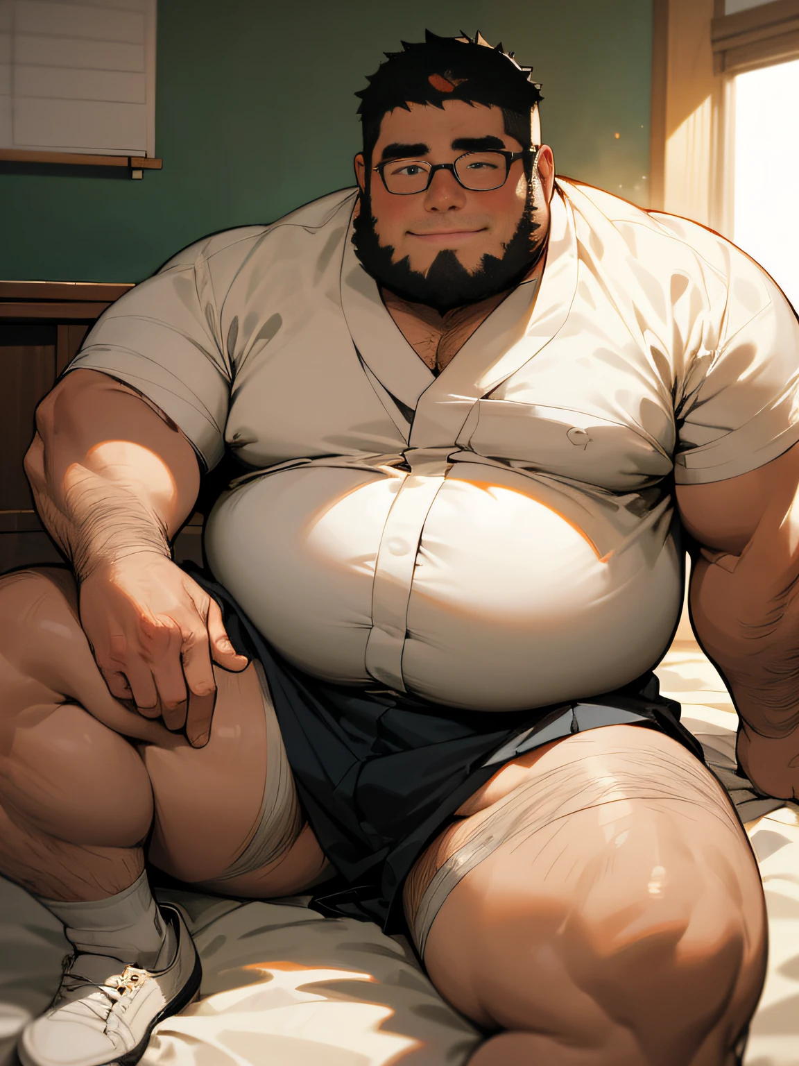 ​masterpiece,top-quality, 8K, Japanese nursery school, A fat man sits on the bed and spreads his legs in an M shape., Spread legs, nerdy, short legs, Bowleg, Bare legs, Shirtless, Wear white laces, Shy, Fat Man, Glasses, Black-haired man, Man with big face, Round face, Sweating