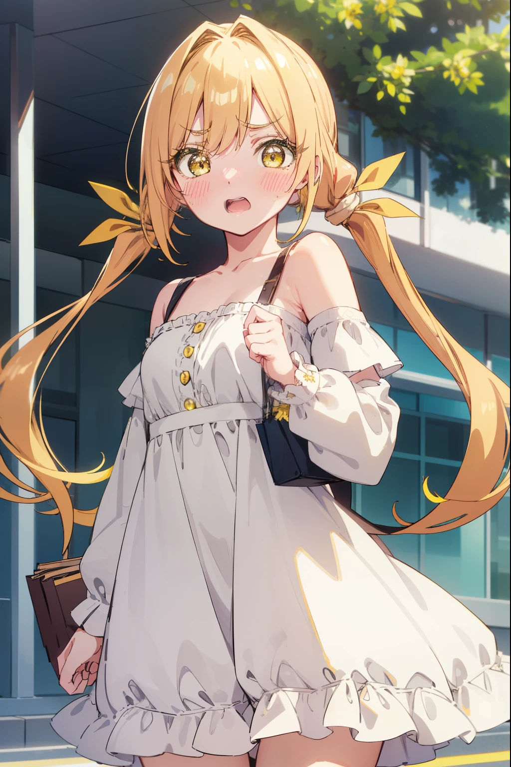 karaneinda, karane inda, blonde hair, (yellow eyes:1.5), hair ribbon, twintails, low twintails, long hair, (green ribbon:1.2), open mouth, embarrassed, (((blushing))), ((white dress)), off shoulder, mall, shopping, purse, small boobs, embarassed, blushing, looking at viewer, (cowboy shot:1.5), (masterpiece:1.2), best quality, high resolution, unity 8k wallpaper, (illustration:0.8), (beautiful detailed eyes:1.6), extremely detailed face, perfect lighting, extremely detailed CG, (perfect hands, perfect anatomy)