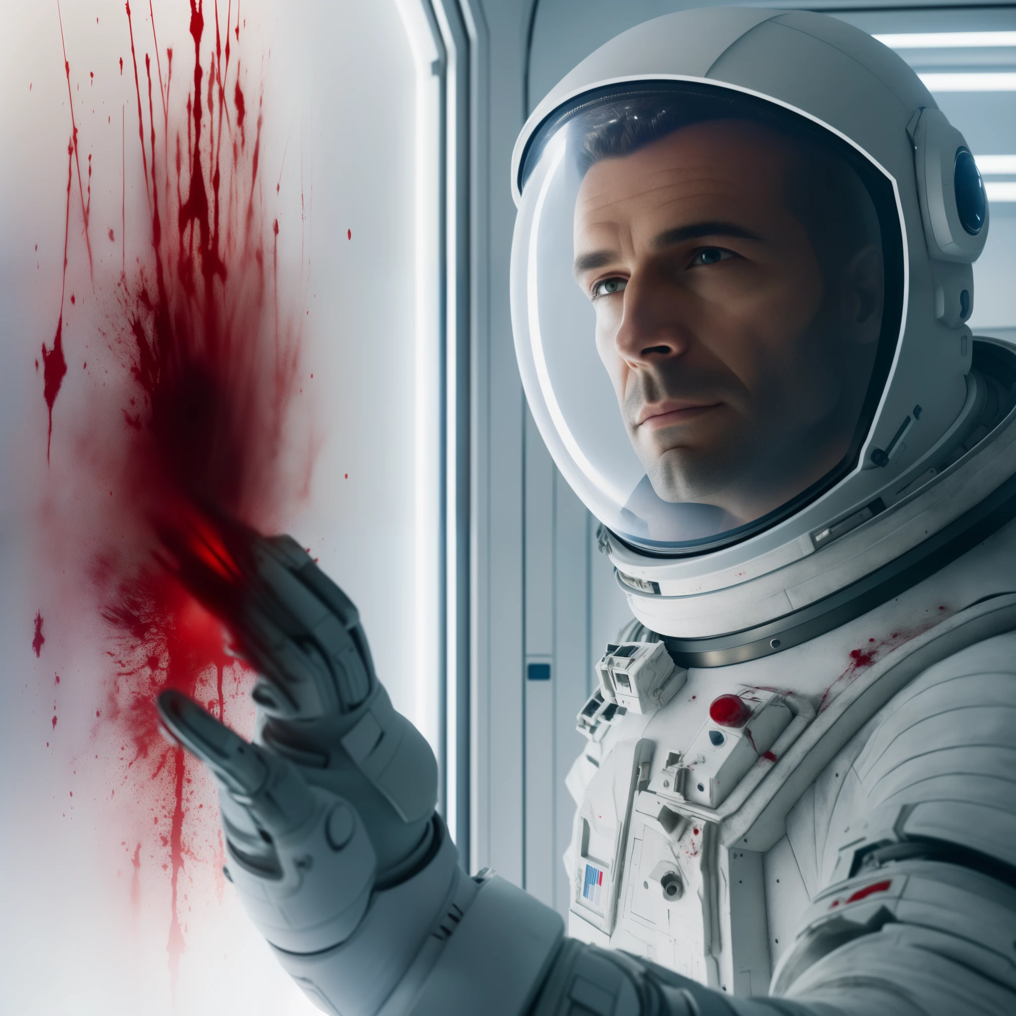 a close up of a man in a spacesuit with blood on the ground, in a space horror setting, space horror, creepy astronaut, an evil alien astronaut, astronaut below, dramatic sci-fi movie still, sci - fi film still, stunning vfx, from a 2 0 1 9 sci fi 8 k movie, anatomical in an astronaut suit, 8 k movie still