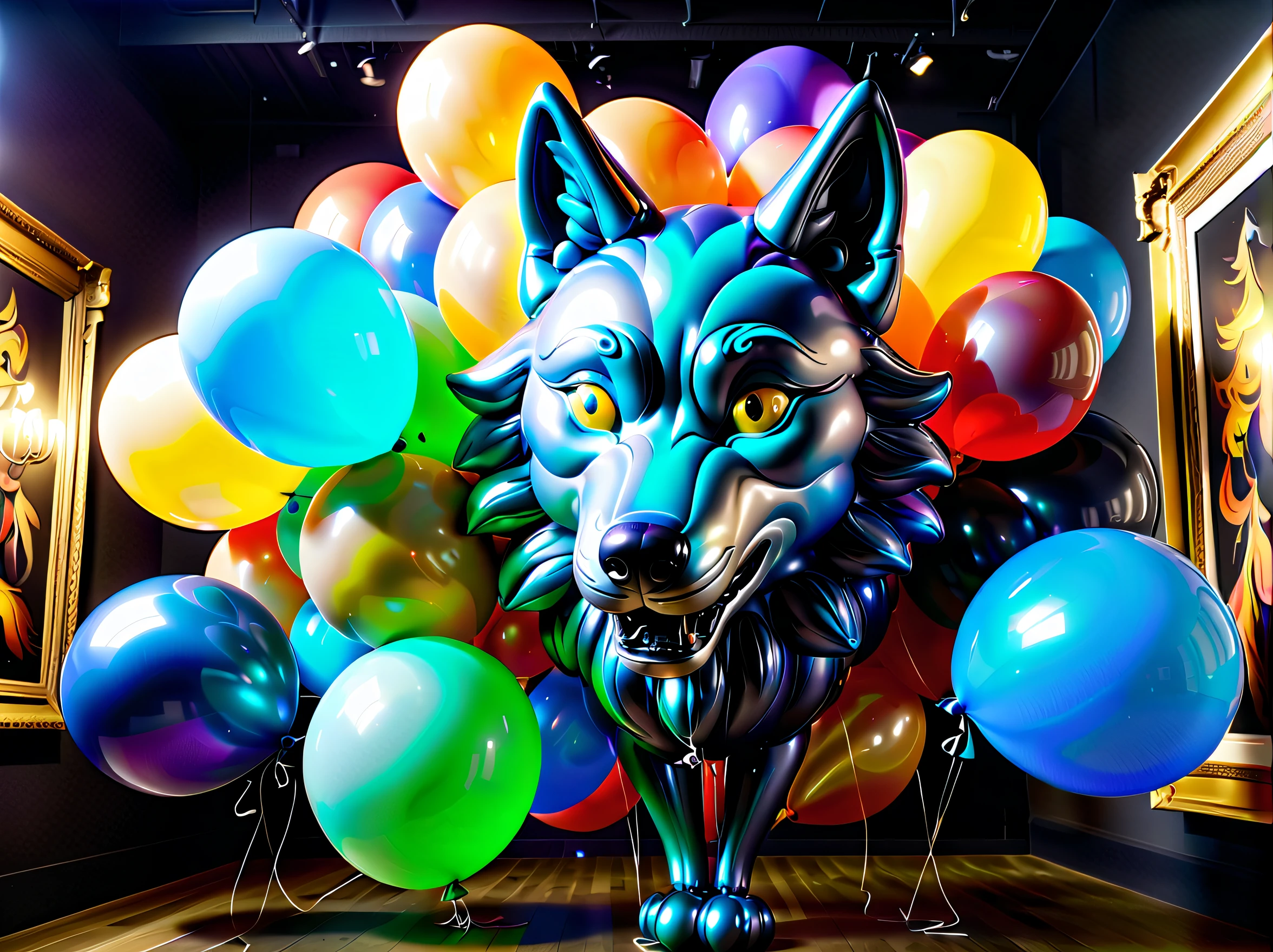 (((Balloon Twisted Wolf Stunning Details Balloonz Art:1.3))), (((A twisted balloon is made:1.3))), psychedelic dark fantasy, Based on the sky myth, intricate and majestic decoration, Elaborate drapes and enchanting, A magical atmosphere of dazzling sophistication, splendor and style, In a complex and solemn atmosphere, The essence of beauty: complexity and complexity、And the dark essence is captured, Dim lighting above the clouds adds an atmosphere of mystery and intrigue, Enables vivid and bold rich gel coloring, Rendered in intricate and surreal detail, Every stroke captures the essence of absurdity and complexity, An intricate web of elements from the smallest shadow to the most absurd and surreal, Luxurious colors create a sense of luxury, Masterpieces are proof of the highest quality digital paintings. Adds a touch of class to this already stunning piece, impressionist and expressionist paintings,