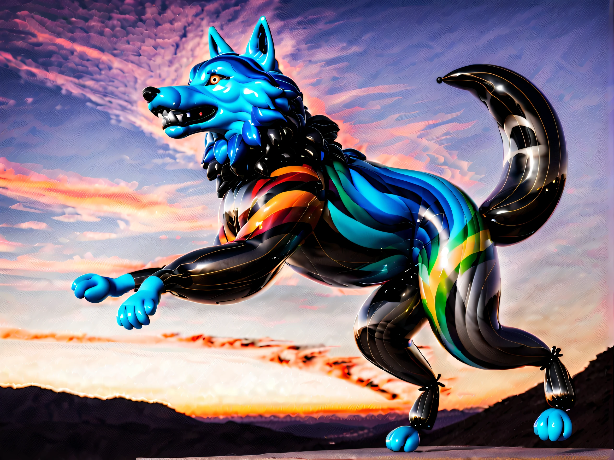 (((Balloon Twisted Wolf Stunning Details Balloonz Art:1.3))), (((A twisted balloon is made:1.3))), psychedelic dark fantasy, Based on the sky myth, intricate and majestic decoration, Elaborate drapes and enchanting, A magical atmosphere of dazzling sophistication, splendor and style, In a complex and solemn atmosphere, The essence of beauty: complexity and complexity、And the dark essence is captured, Dim lighting above the clouds adds an atmosphere of mystery and intrigue, Enables vivid and bold rich gel coloring, Rendered in intricate and surreal detail, Every stroke captures the essence of absurdity and complexity, An intricate web of elements from the smallest shadow to the most absurd and surreal, Luxurious colors create a sense of luxury, Masterpieces are proof of the highest quality digital paintings. Adds a touch of class to this already stunning piece, impressionist and expressionist paintings,