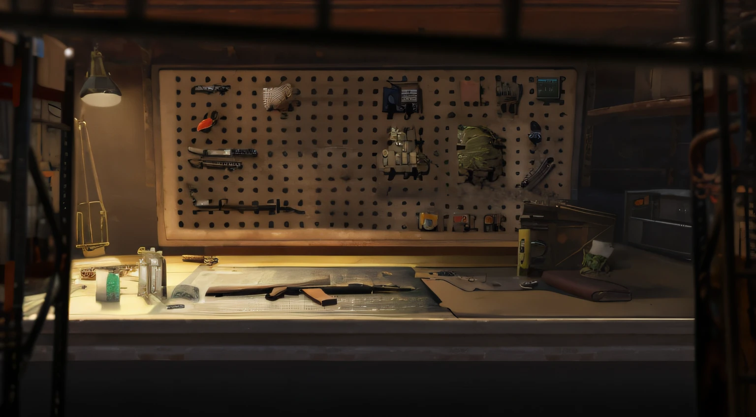 There is a workbench，There are tools and lights on it, Inside the weapons store, Marmoset toolkit rendering, Doomsday arms store background, In an old weapons shop, worksheet, Marmoset toolkit rendering, detailed textures and lighting, metal slug concept art, stylized concept art, 《Fallout 4》stylization, Trending on Polycount, scattered props
