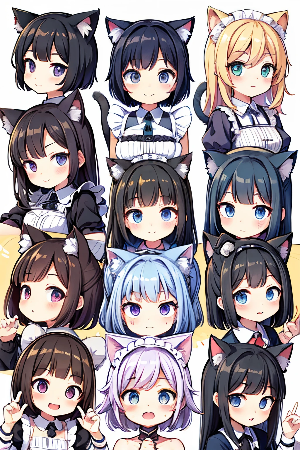 line stamps, 9 divisions, maid, various poses and expressions、cat ear