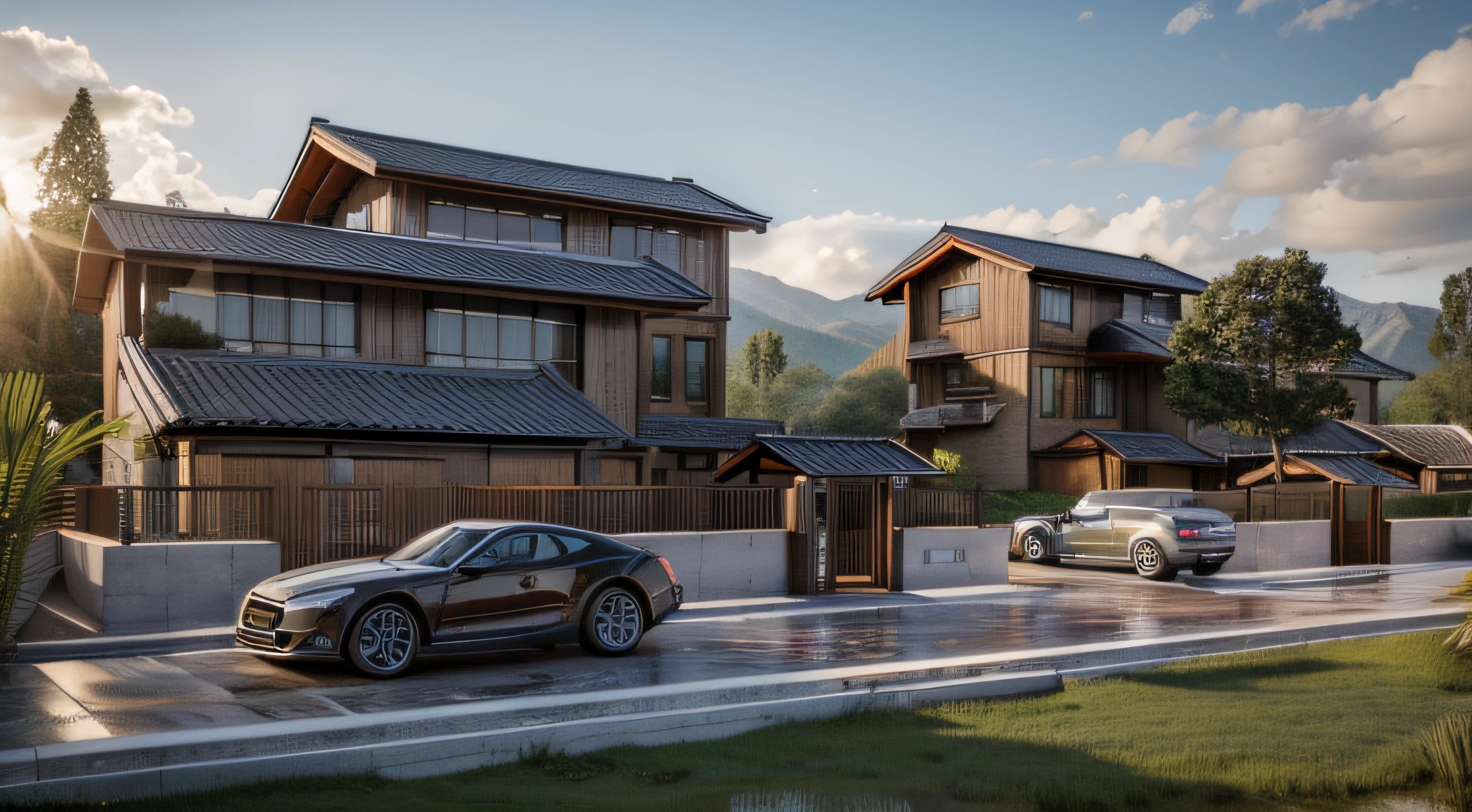an exterior garden, stone path, outdoor dining, flowering bed, japan villa house in the background, many stilt house, brown tile roof, house wall soil, morden building on the moutain, Ethnic Vietnam, natural color, moutain house, daylight, sunset, two-point perspective, human perspective, realistic, photographic, rendering, masterpiece, high quality, ultra-detailed, 4K