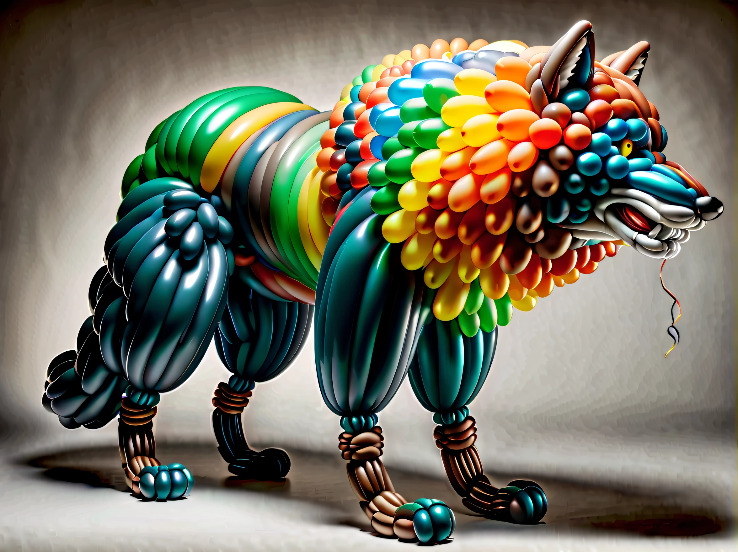 (((Balloon Twisted Wolf Stunning Details Balloonz Art:1.3))), (((A twisted balloon is made:1.3))), psychedelic dark fantasy, Based on the sky myth, intricate and majestic decoration, Elaborate drapes and enchanting, A magical atmosphere of dazzling sophistication, splendor and style, In a complex and solemn atmosphere, The essence of beauty: complexity and complexity、And the dark essence is captured, Dim lighting above the clouds adds an atmosphere of mystery and intrigue, Enables vivid and bold rich gel coloring, Rendered in intricate and surreal detail, Every stroke captures the essence of absurdity and complexity, An intricate web of elements from the smallest shadow to the most absurd and surreal, Luxurious colors create a sense of luxury, Masterpieces are proof of the highest quality digital paintings. Adds a touch of class to this already stunning piece,