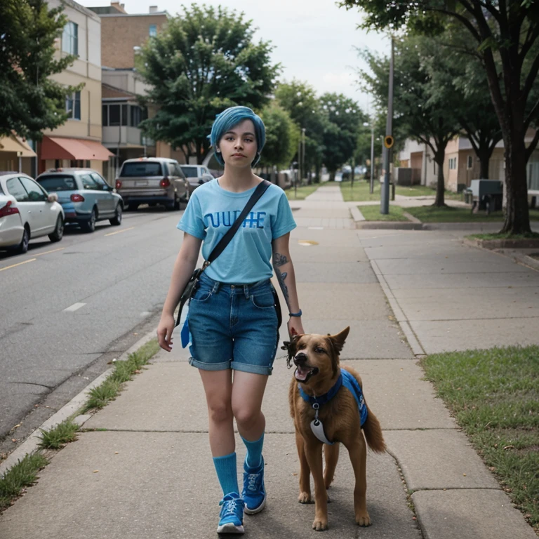 Non binary teen, pixie hair cut, blue hair, walking with service dog