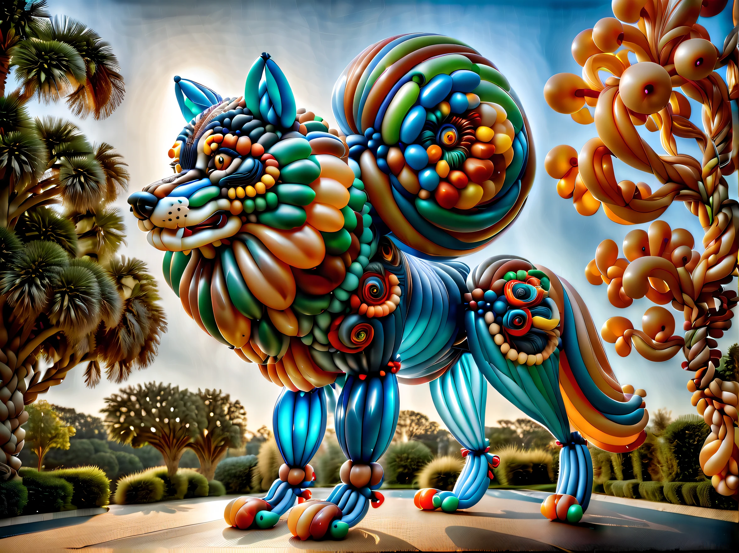 (((Balloon Twisted Wolf Stunning Details Balloonz Art:1.3))), (((A twisted balloon is made:1.3))), psychedelic dark fantasy, Based on the sky myth, intricate and majestic decoration, Elaborate drapes and enchanting, A magical atmosphere of dazzling sophistication, splendor and style, In a complex and solemn atmosphere, The essence of beauty: complexity and complexity、And the dark essence is captured, Dim lighting above the clouds adds an atmosphere of mystery and intrigue, Enables vivid and bold rich gel coloring, Rendered in intricate and surreal detail, Every stroke captures the essence of absurdity and complexity, An intricate web of elements from the smallest shadow to the most absurd and surreal, Luxurious colors create a sense of luxury, Masterpieces are proof of the highest quality digital paintings. Adds a touch of class to this already stunning piece,