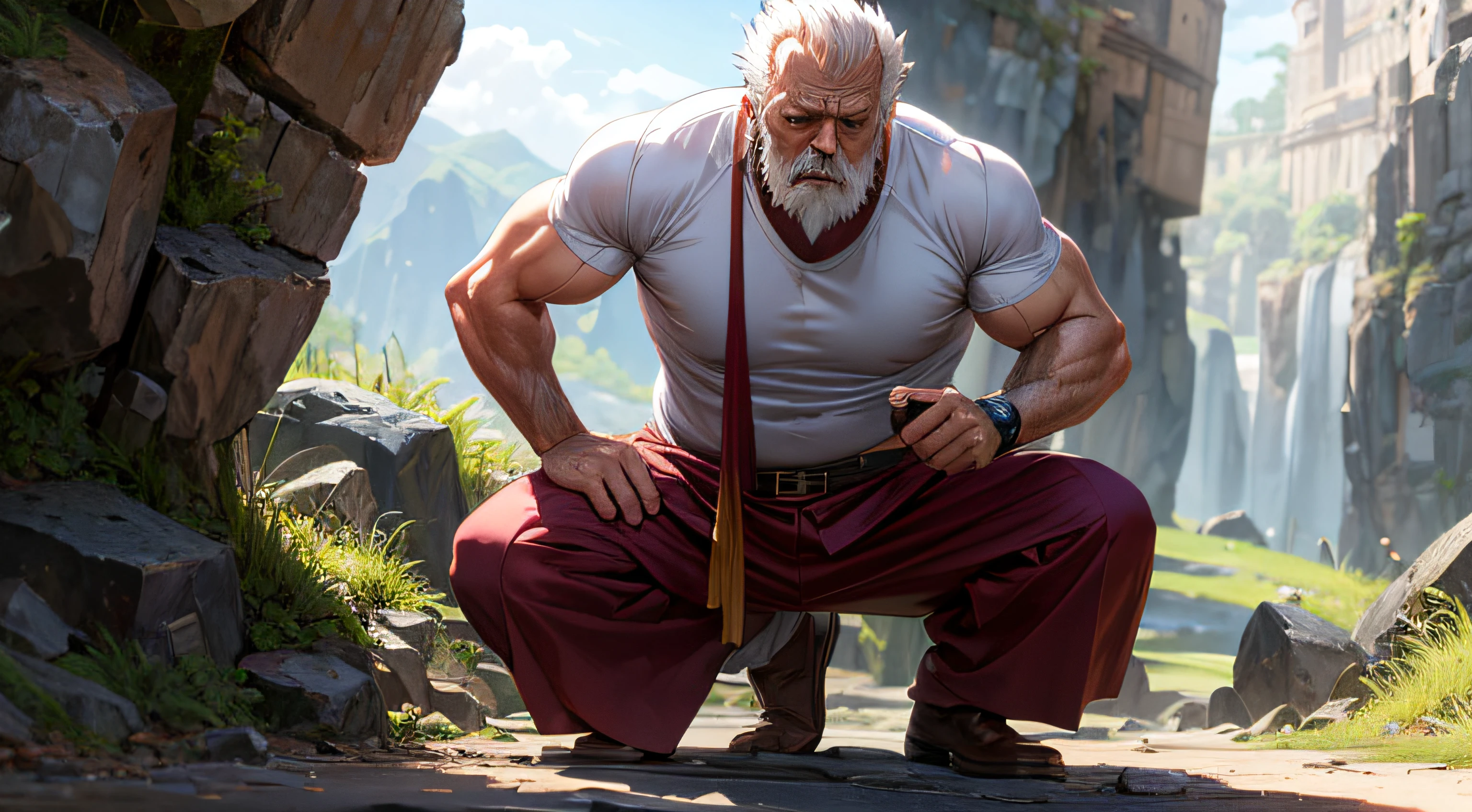 (best quality,Altas,ultra-detalhado),old man,homem musculoso meditando,em uma montanha de anime isekai,((master part)),(elaborar),(Rosto detalhado)