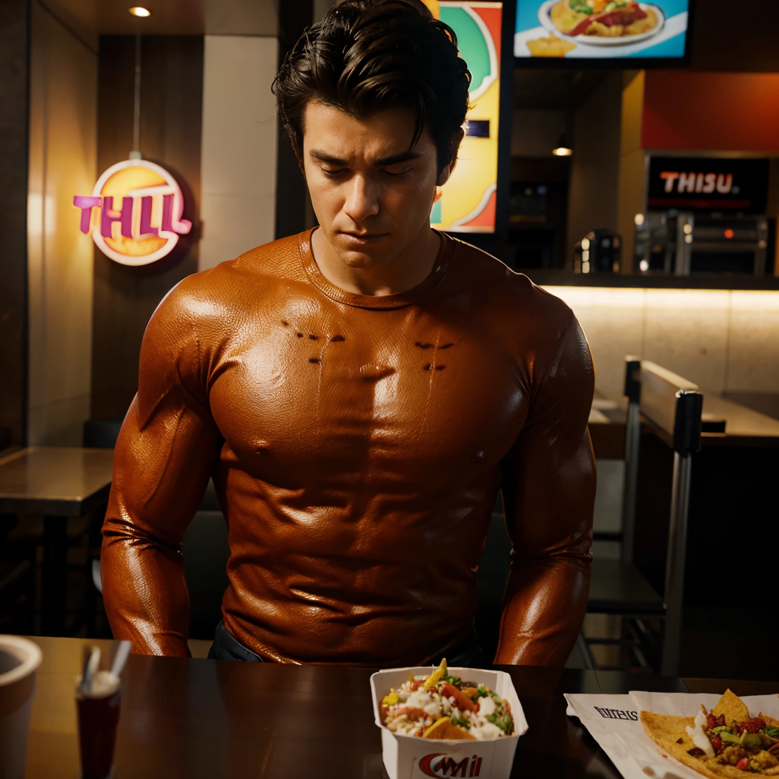 Visualize a human body as a well-oiled machine. Show the body as a transparent figure with visible internal organs and muscles, surrounded by icons of different macronutrients (bread for carbs, meat for protein, and avocados for fats) feeding energy into it. The background can be a laboratory or a high-tech control room to emphasize the scientific aspect.