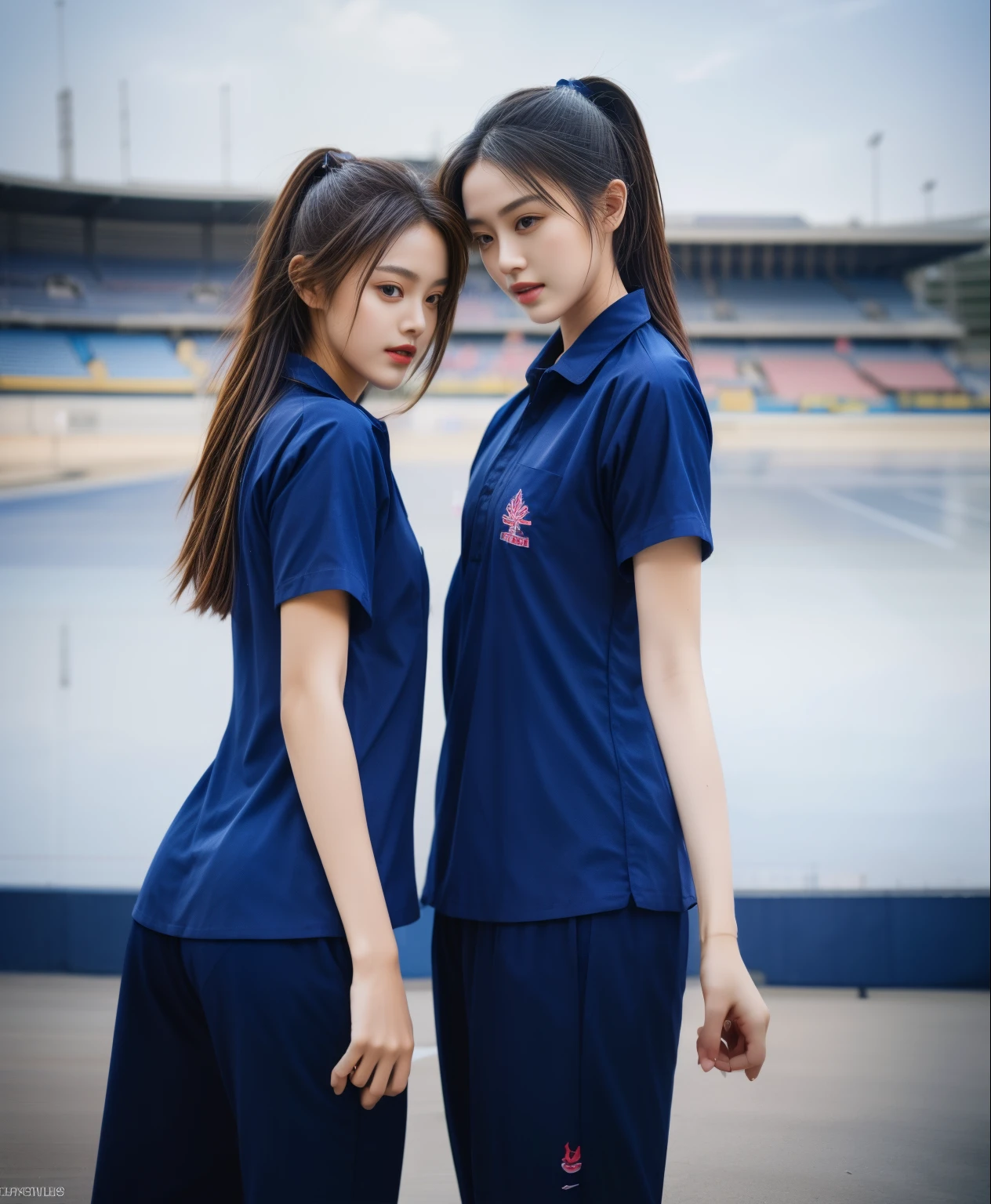 (bestquality,10,10,highres,masterpiece:1.2),ultra-detail,(Realistic,photorealistic portrait,photo-realistic:1.37),1 Cute girl in the football field,oily shiny skin,bara,light smile,BDclothes,((blue shirt:1.3)),short sleeves,shirt, trousers.,(navy_long_Pants Track:1.1), ((Stadium Background:1.3)),dynamic angle,excited,face focus,Dynamic Poses,from behide,Ass Focus,masterpiece, bestquality, ultra realistic, hyper-detail, 8k resolution, RAW photo, crisp focus, ((Navy blue shirt:1.1)), short sleeves, Long Path, Perfect body, 2 mature women, 18yo, cinematic light,Blue sweatpants,Gymware,Correct anatomy,Complete body, Correct body, sharp face, Anatomically correct body, full entire body, Realistic gestures, long-haired, Realistic poses,Wear long shorts..............................,Long leg span,Shapely,Sculpting Girl, Slender Figure, mannequin mannequins, Shapely, Beautiful body,Blue sweatpants, Two girls kissing