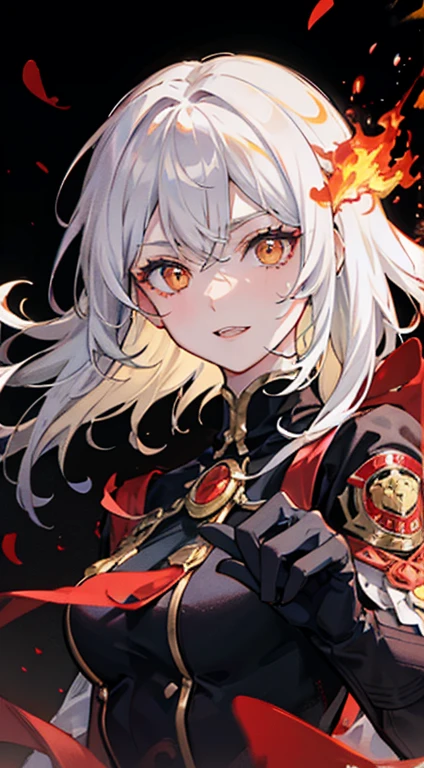 1male people、10yaers old, short white hair, Orange Eyes, , Smirk, sharpteeth, black evening gown, Black Gloves, Dynamic Pose, Holding a fireball, fire wall, Dramatic, Cinematic, Best Quality, masutepiece, Vivid colors, Portrait, Black background, Looking at the camera, From the front, Ring of Fire, 1 result