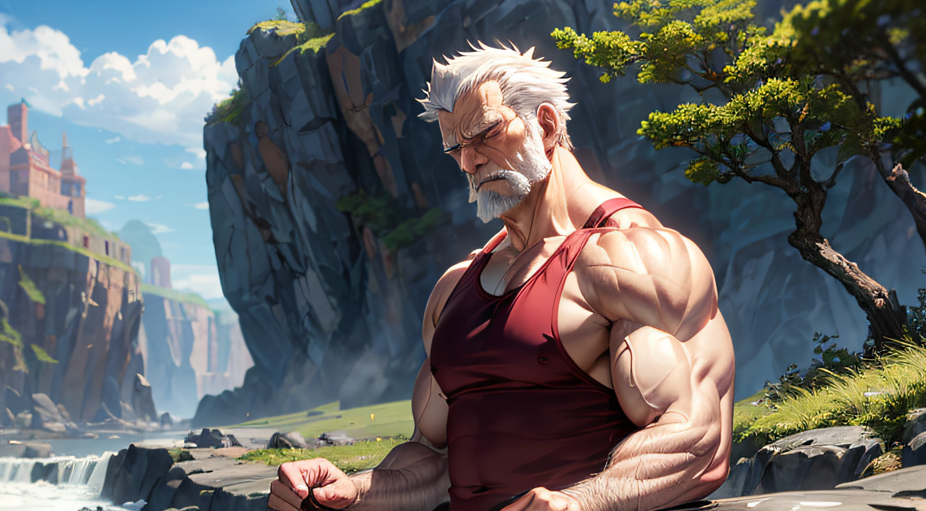 (best quality,Altas,ultra-detalhado),old man,homem musculoso meditando,em uma montanha de anime isekai,((master part)),(elaborar),(Rosto detalhado)