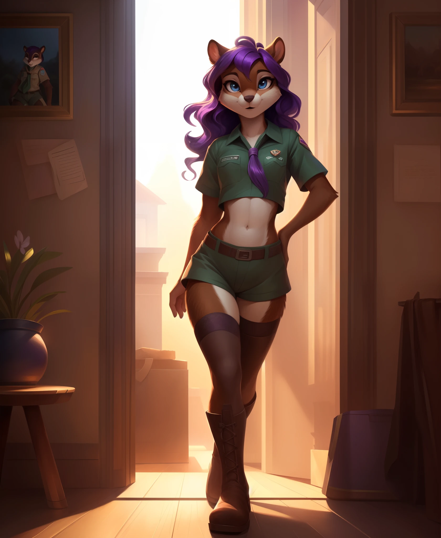 uploaded on e621, by Thomas Benjamin Kennington, by Einshelm, solo anthro, ((Portrait)), ((Wear a scout clothes, scout uniform, Scouts BSA Uniform Short Sleeve, slim shorts)), ((mouth open)), (detailed Bonifasko lighting), (Detailed fur), (detailed skin), (hands holding a box of cookies), (Cinematic lighting), ((Detailed background, american hightown)), (half body shadow), [Backlighting], [Detailed ambient light], [gray natural lighting], [ambient light on the belly], (higher backdoor detail), [explict content], [sharp-focus], (Questionable content), (shaded), ((Masterpiece), (Long asymmetrical wavy hair, purple hair, long side haircut:1.2), Average Breasts, pectoral muscles, Fluffy fallow squirrel, Wavethesallow Face, furry fantasy art, anthro art, commission for high res, Furry art, pov furry art, Sakimichan is beautiful, Masterpiece, small breasts, Best Quality, Detailed image, Bright colors, Detailed Face, perfect lighting, Perfect shadows, Perfect eyes, focus on girl, flawless face, gorgeous body, ager body, Hourglass body, shiny body, feet focus,Fluffy, fluffy girl, Body fur, Animal nose, muzzle, two-toned fur, light chipmunks stripes, half closed eyes, 1girl, full body, (Masterpiece:1.2), (Best Quality:1.2), (illustartion:1.2), (Cinematic lighting:1.3), Detailed fur, Balanced coloring, Global Illumination, Ray Tracing, good lighting, Furry chipmunks, (high chipmunks tail), Furry, anthro,attractive body, sexy body, seductive gaze, thick-thighs, fit body, Best Stockings, (high brown boots), Suggested Pose,