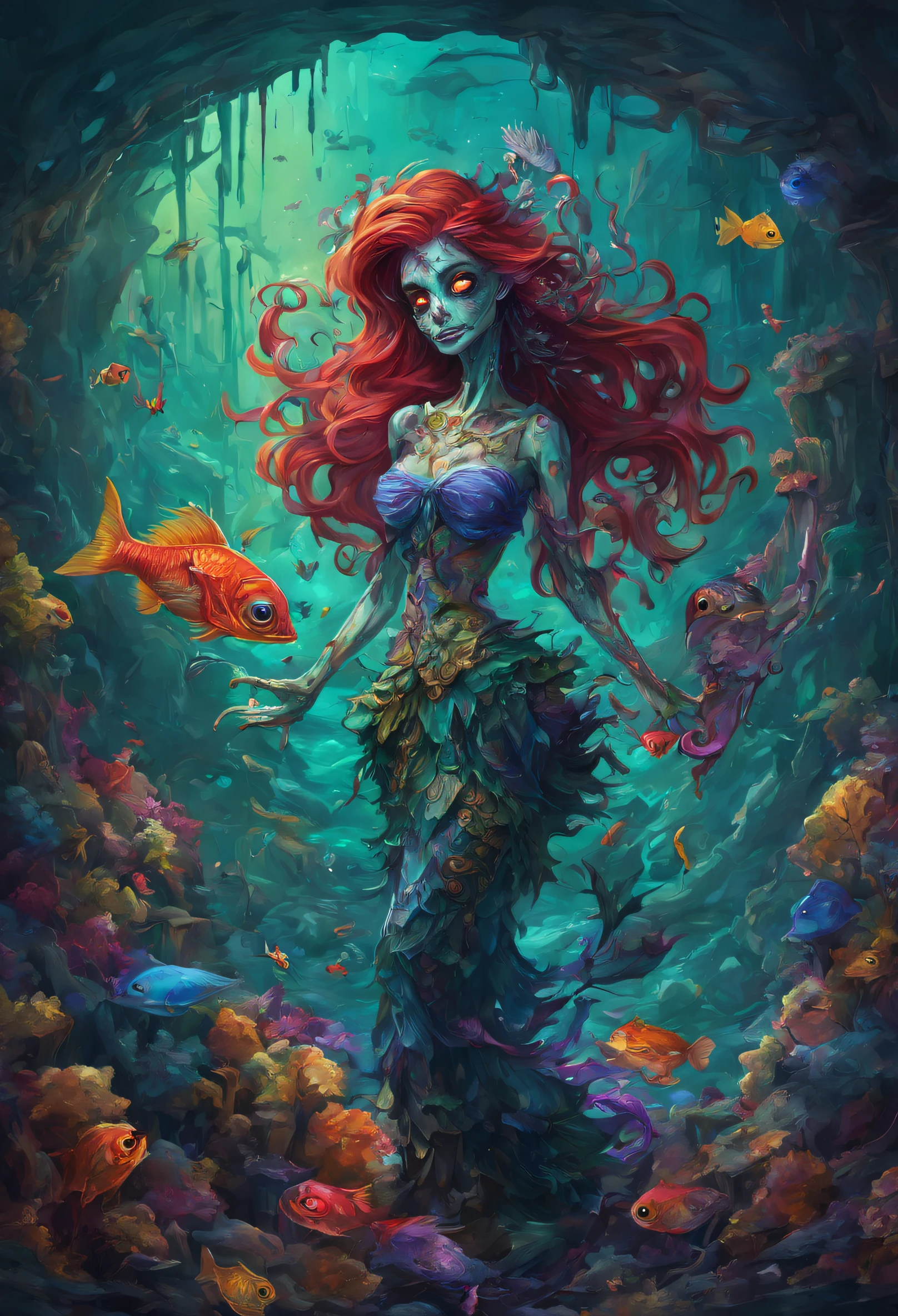 {-erro_de_anatomia:1.0} woman 30 years old, underwater, skeleton, corpse,Under the sea, where coral tendrils and vines abound, a woman (mermaid), long strawberry blonde hair looks at you amidst a pile of bones and skulls.Indifferent look , merciless. Lying among the skulls.