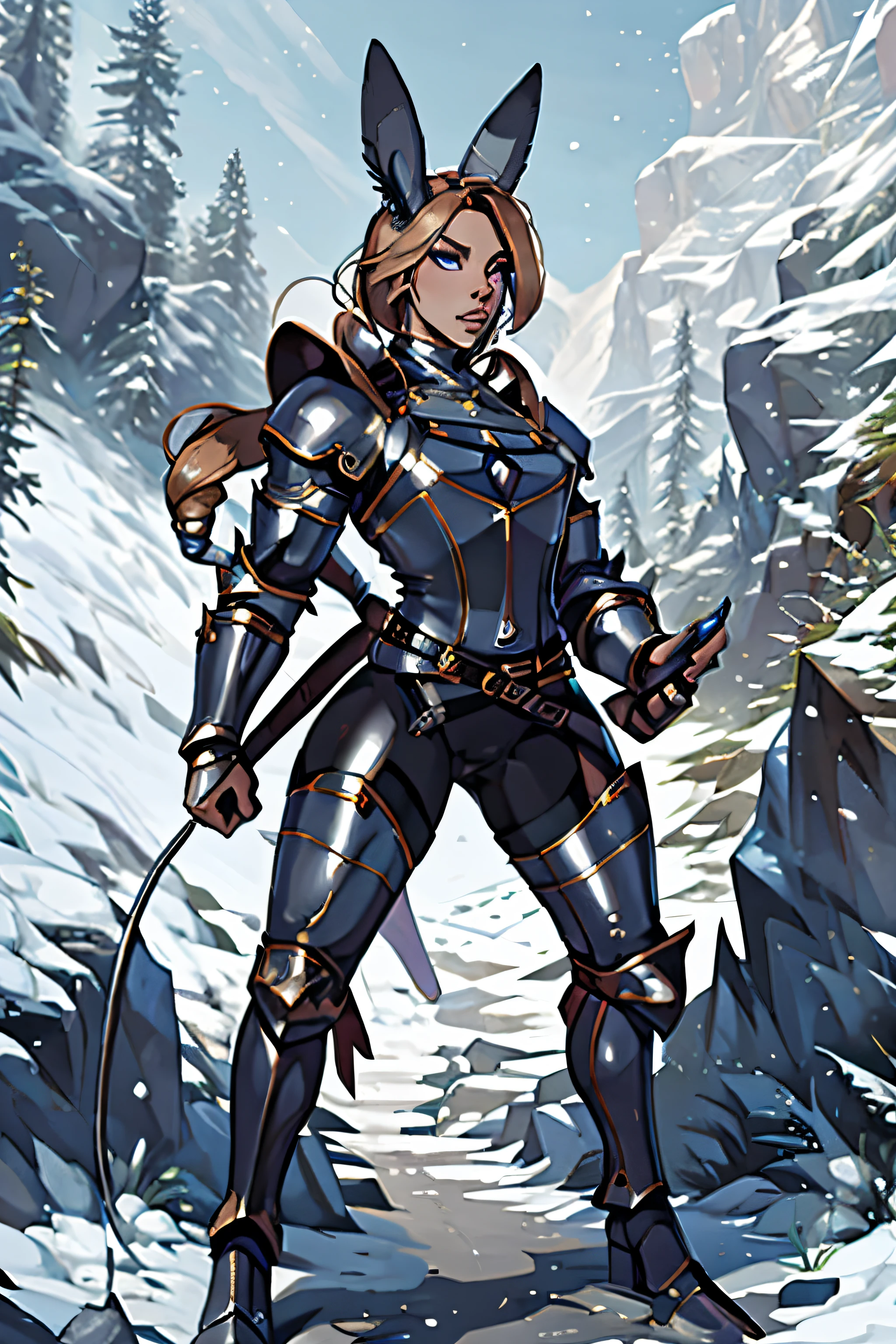 16k, HD, Professional, Highly Detailed, ((Masterpiece: 0.3)), (((High Quality))), Ultra-detailed face, Highly Detailed Lips, Detailed Eyes, full body, 1 femboy, long bunny ears, ((leather armor)), ((wielding a whip)), two legs, standing up, snowy forest background