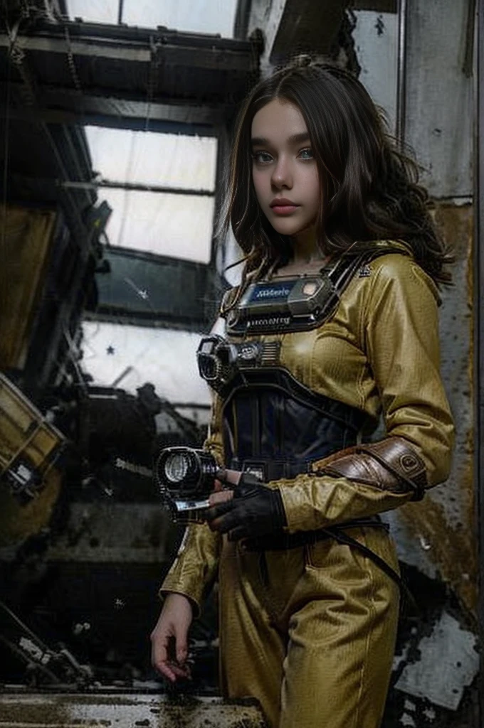 13 year old girl wearing (vaultsuit with pipboy3000 on wrist) standing in a ruined city, holding a large fallout weapon, giant slater fallout insect in background, professionally color graded, professional photography, well drawn, masterpiece, hyper realistic, ultra detailed, high quality, best quality, 4k, 8k, raw