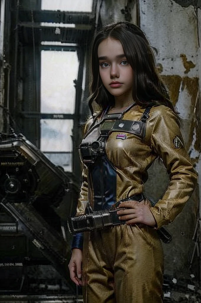  girl wearing (vaultsuit with pipboy3000 on wrist) standing in a ruined city, holding a large fallout weapon, giant slater fallout insect in background, professionally color graded, professional photography, well drawn, masterpiece, hyper realistic, ultra detailed, high quality, best quality, 4k, 8k, raw