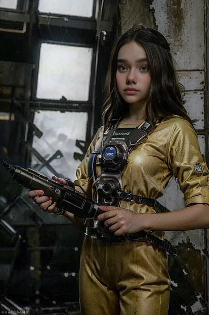 13 year old girl wearing (vaultsuit with pipboy3000 on wrist) standing in a ruined city, holding a large fallout weapon, giant slater fallout insect in background, professionally color graded, professional photography, well drawn, masterpiece, hyper realistic, ultra detailed, high quality, best quality, 4k, 8k, raw