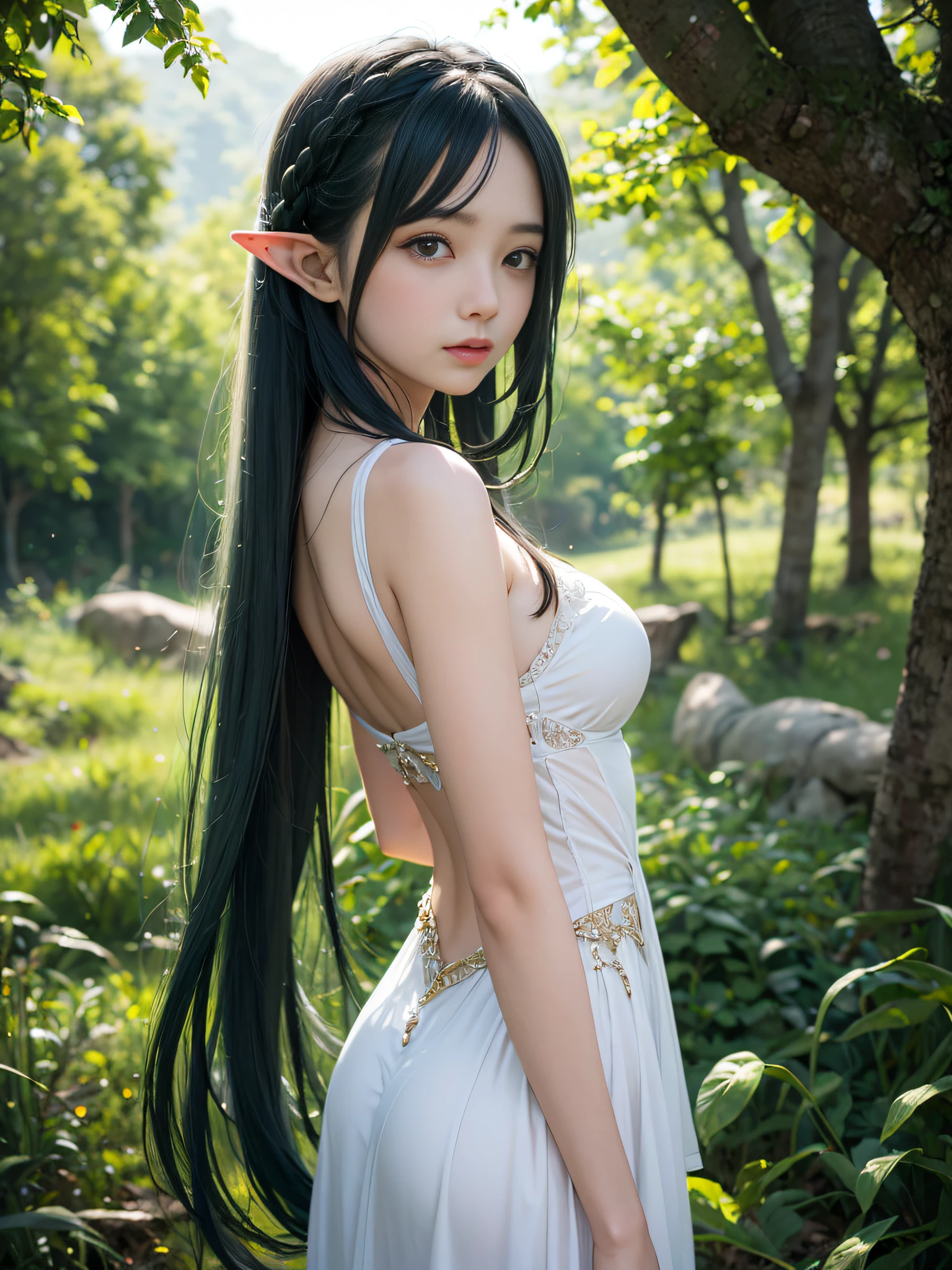 best quality, masterpiece, girl, black hair, black eyes, house, sun is shining, shiny skin, sun flare, elf ears, dark elf, bow