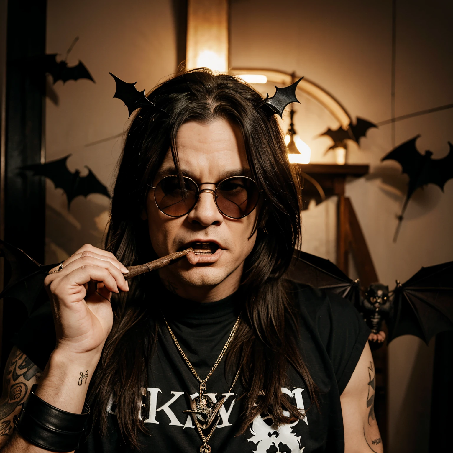 Ozzy Osborn eating a bat 🦇 glasses, old ozzy