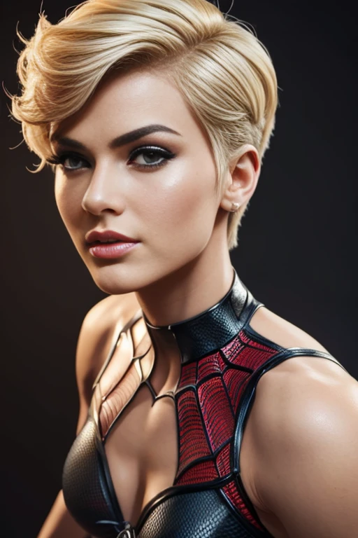 4k highly detailed realistic spider girl from Marvel comics, blonde curly short undercut bob hairstyle, ((sharp Jawline)), (full body Including Legs), Seduction and fantastic poses