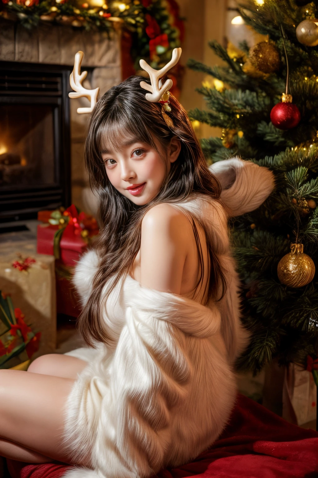 ​masterpiece、8K、32K、top-quality、(A detailed eye)、(A cute Japanese woman、bangss)、23years old、1 girl in、elegent、(Detailed background depiction、portlate:1.2)、(Christmas tree:1.3)、By the fireplace、(reindeer costume:1.2)、(illuminations:1.3)、red face smile、Forward leaning position、Buttocks