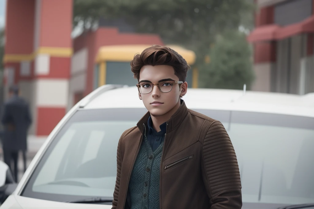 There is a young man wearing glasses and a brown jacket,about 18 years old,short wavy brown hair,Nimona animation style