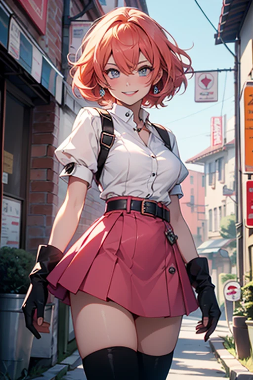 1girl,cowboy shot, beautiful nora_valkyrie, breasts, looking at viewer, blush, smile, short hair, bangs, blue eyes, skirt, thighhighs, gloves, holding, hair between eyes, jewelry, medium breasts, collarbone, full body, boots, orange hair, grin, shiny hair, blue cropped jacket, white thighhighs, hammernight, outdoors, park, (volumetric lighting), best quality, masterpiece, intricate details, tonemapping, sharp focus, hyper detailed, heart cutout, gloves, jacket, pink skirt, pink belt, short sleeves, puffy sleeves, single armband, fingerless gloves, pink gloves, white ankle boots with pink soles