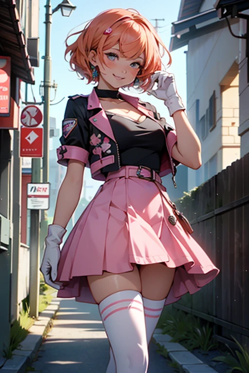 1girl,cowboy shot, beautiful nora_valkyrie, breasts, looking at viewer, blush, smile, short hair, bangs, blue eyes, skirt, thighhighs, gloves, holding, hair between eyes, jewelry, medium breasts, collarbone, full body, boots, orange hair, grin, shiny hair, blue cropped jacket, white thighhighs, hammernight, outdoors, park, (volumetric lighting), best quality, masterpiece, intricate details, tonemapping, sharp focus, hyper detailed, heart cutout, gloves, jacket, pink skirt, pink belt, short sleeves, puffy sleeves, single armband, fingerless gloves, pink gloves, white ankle boots with pink soles