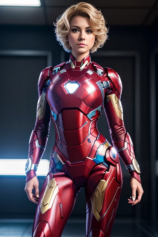 4k highly detailed realistic female ironman from Marvel comics, blonde curly short undercut bob hairstyle, ((sharp Jawline)), (full body Including Legs), Seduction and fantastic poses