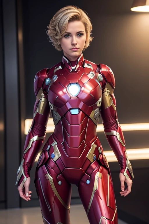 4k highly detailed realistic female ironman from Marvel comics, blonde curly short undercut bob hairstyle, ((sharp Jawline)), (full body Including Legs), Seduction and fantastic poses