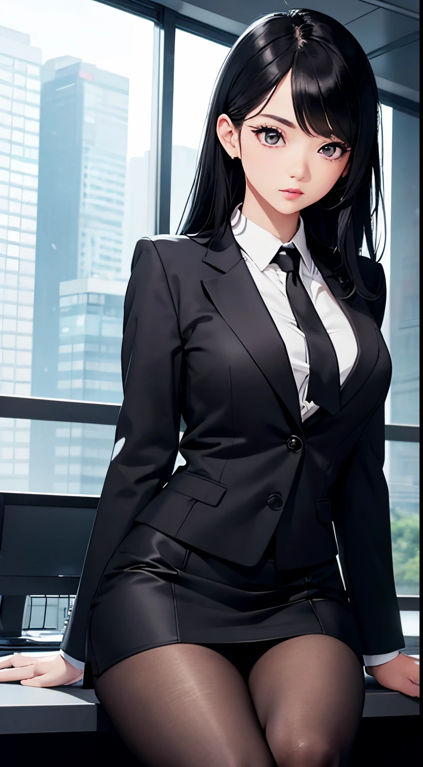 Officelady、Black jacket、Black tight skirt、White blouse、Black tights、High pumps with black heels、Black hair、s Office、lana、Beautiful woman、gazing at viewer、Looking here、hight resolution、top-quality、full body Esbian、animations、illustratio、Ultra-detailed delicacy