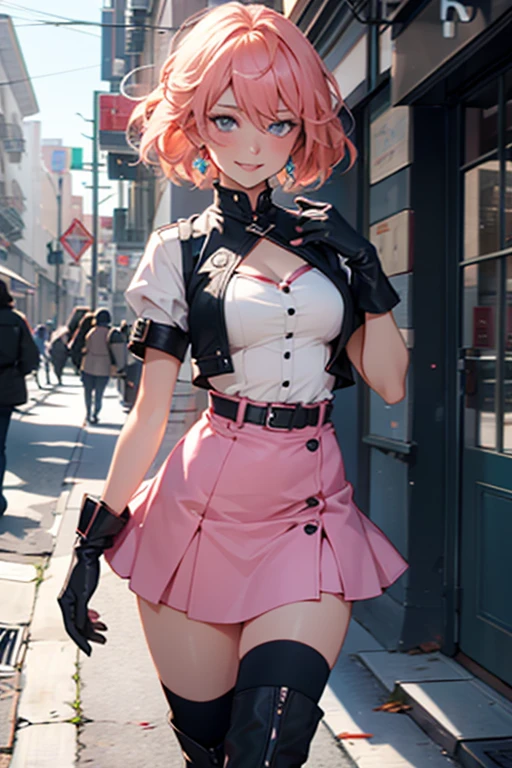 1girl,cowboy shot, beautiful nora_valkyrie, breasts, looking at viewer, blush, smile, short hair, bangs, blue eyes, skirt, thighhighs, gloves, holding, hair between eyes, jewelry, medium breasts, collarbone, full body, boots, orange hair, grin, shiny hair, blue cropped jacket, white thighhighs, hammernight, outdoors, park, (volumetric lighting), best quality, masterpiece, intricate details, tonemapping, sharp focus, hyper detailed, heart cutout, gloves, jacket, pink skirt, pink belt, short sleeves, puffy sleeves, single armband, fingerless gloves, pink gloves, white ankle boots with pink soles