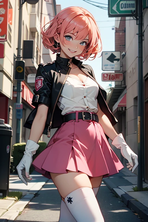 1girl,cowboy shot, beautiful nora_valkyrie, breasts, looking at viewer, blush, smile, short hair, bangs, blue eyes, skirt, thighhighs, gloves, holding, hair between eyes, jewelry, medium breasts, collarbone, full body, boots, orange hair, grin, shiny hair, blue cropped jacket, white thighhighs, hammernight, outdoors, park, (volumetric lighting), best quality, masterpiece, intricate details, tonemapping, sharp focus, hyper detailed, heart cutout, gloves, jacket, pink skirt, pink belt, short sleeves, puffy sleeves, single armband, fingerless gloves, pink gloves, white ankle boots with pink soles