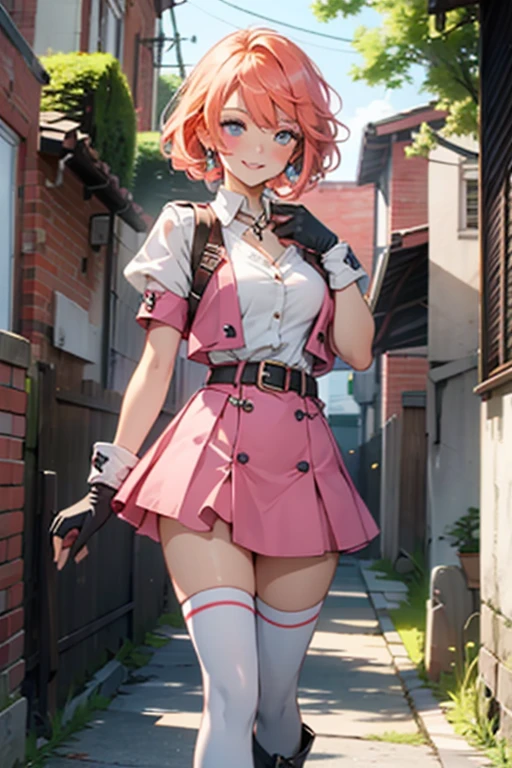 1girl,cowboy shot, beautiful nora_valkyrie, breasts, looking at viewer, blush, smile, short hair, bangs, blue eyes, skirt, thighhighs, gloves, holding, hair between eyes, jewelry, medium breasts, collarbone, full body, boots, orange hair, grin, shiny hair, blue cropped jacket, white thighhighs, hammernight, outdoors, park, (volumetric lighting), best quality, masterpiece, intricate details, tonemapping, sharp focus, hyper detailed, heart cutout, gloves, jacket, pink skirt, pink belt, short sleeves, puffy sleeves, single armband, fingerless gloves, pink gloves, white ankle boots with pink soles