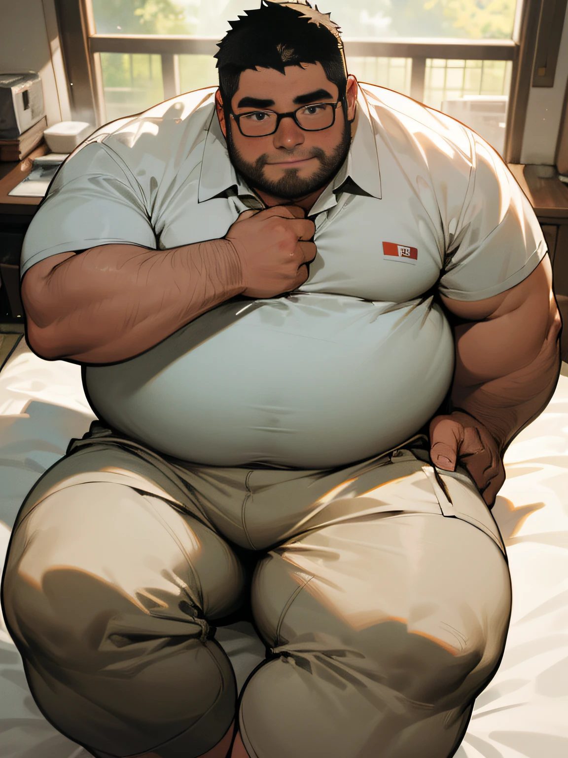 ​masterpiece,top-quality, 8K, Japanese nursery school, A fat man sits on the bed and spreads his legs in an M shape., Spread legs, nerdy, short legs, Bowleg, Bare legs, Shirtless, Please wear a white polo shirt and light gray sweatpants, Shy, Fat Man, Glasses, Black-haired man, Man with big face, Round face, Sweating