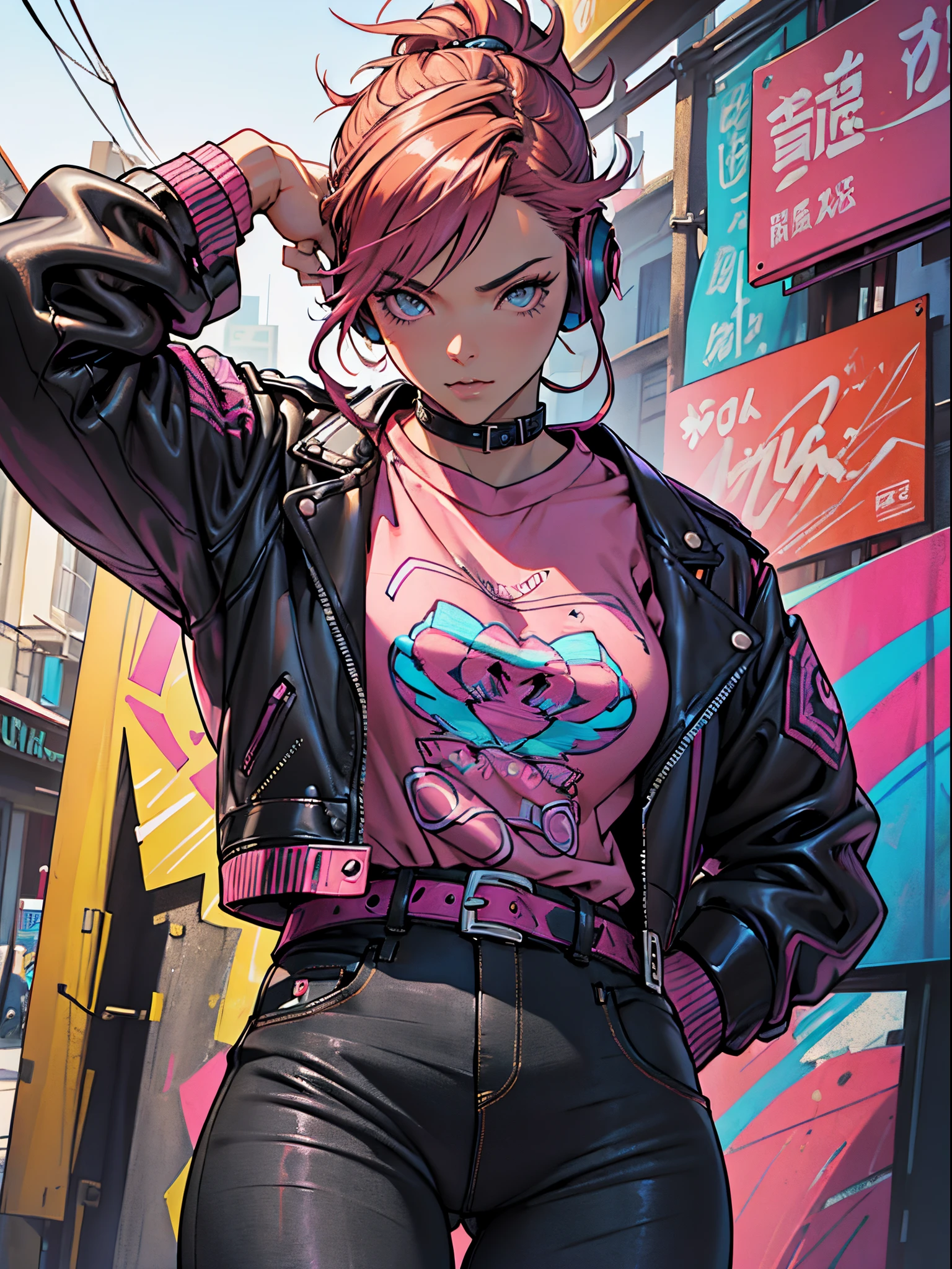 magenta tone、Vibrant colors、((masterpiece)))、(((top-quality)))、((ultra-detailliert))、(A hyper-realistic)、(highly detailed CGillustration)、Official art、CD cover、urban art district、It will be、Stylish、Cool Beauty、Coquettish、a gorgeous、matchless beauty、multicolored hair、head phone、Rock 'n' Roller、leather jackets、Tight black jeans、Female Solo、Perfect Angle、perfect-composition、Face close-up