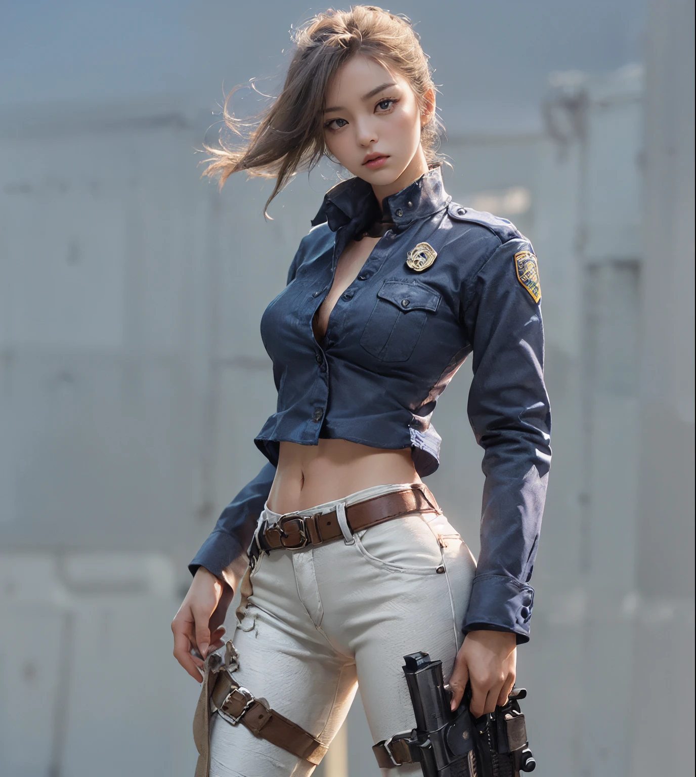 ((Top quality raw photos, reallistic, realphoto: 1.4, extremely detailed texture)), (European woman on the street, light brown shorthair), ((Police officer emblem on chest、Tight white pants,Tight-fitting pants without pockets、Blue uniform shirt with badge、tight hip)), (The best beautiful girl like a model、Sexy Woman,large eyes with double eyelids、Proud、a small face)、(((Sexy ass curves、Constricted waist、Round and small buttocks、thin-waist、Low-rise pants、Attractive protruding buttocks curves、thin and very long legs,,,,,,,、thin ankles、Sexy Leglines)))、((Standing in front of you、control、Intimidating attitude、serious facial expression、Sharp eyes、glareing、Combat stance、hold a gun))、(Leather boots、Lots of equipment on the belt、Harnes、Facility Details)、((Combat stance、Fully armed、Draw detailed details of the pistol、hold a gun、gun fight、The background is a secret base of terrorists、Messy passages))、(((Rear view、Beautiful butt)))