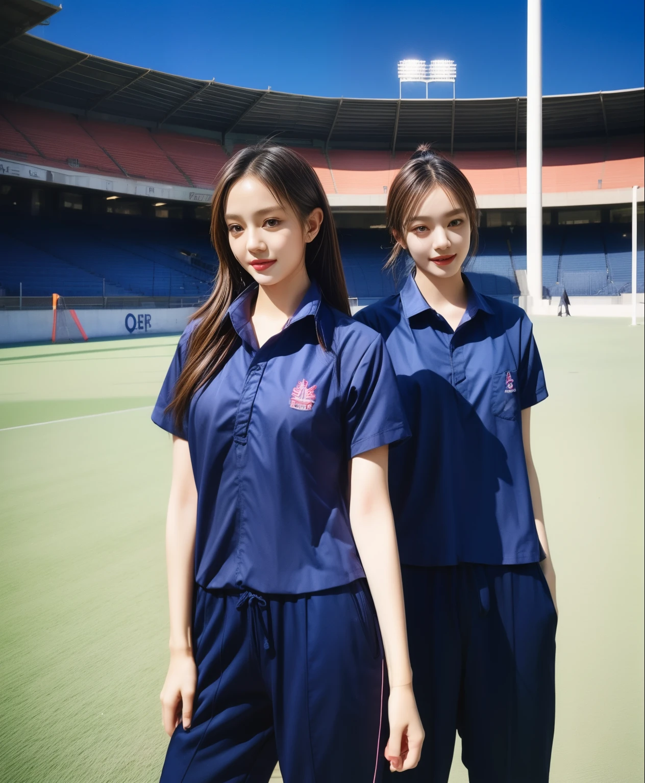 (bestquality,10,10,highres,masterpiece:1.2),ultra-detail,(Realistic,photorealistic portrait,photo-realistic:1.37),1 Cute girl in the football field,oily shiny skin,bara,light smile,BDclothes,((blue shirt:1.3)),short sleeves,shirt, trousers.,(navy_long_Pants Track:1.1), ((Stadium Background:1.3)),dynamic angle,excited,face focus,Dynamic Poses,from behide,Ass Focus,masterpiece, bestquality, ultra realistic, hyper-detail, 8k resolution, RAW photo, crisp focus, ((Navy blue shirt:1.1)), short sleeves, Long Path, Perfect body, 2 mature women, 18yo, cinematic light,Blue sweatpants,Gymware,Correct anatomy,Complete body, Correct body, sharp face, Anatomically correct body, full entire body, Realistic gestures, long-haired, Realistic poses,Wear long shorts................................,Long leg span,Shapely,Sculpting Girl, Slender Figure, mannequin mannequins, Shapely, Beautiful body,Blue sweatpants, Two girls kissing